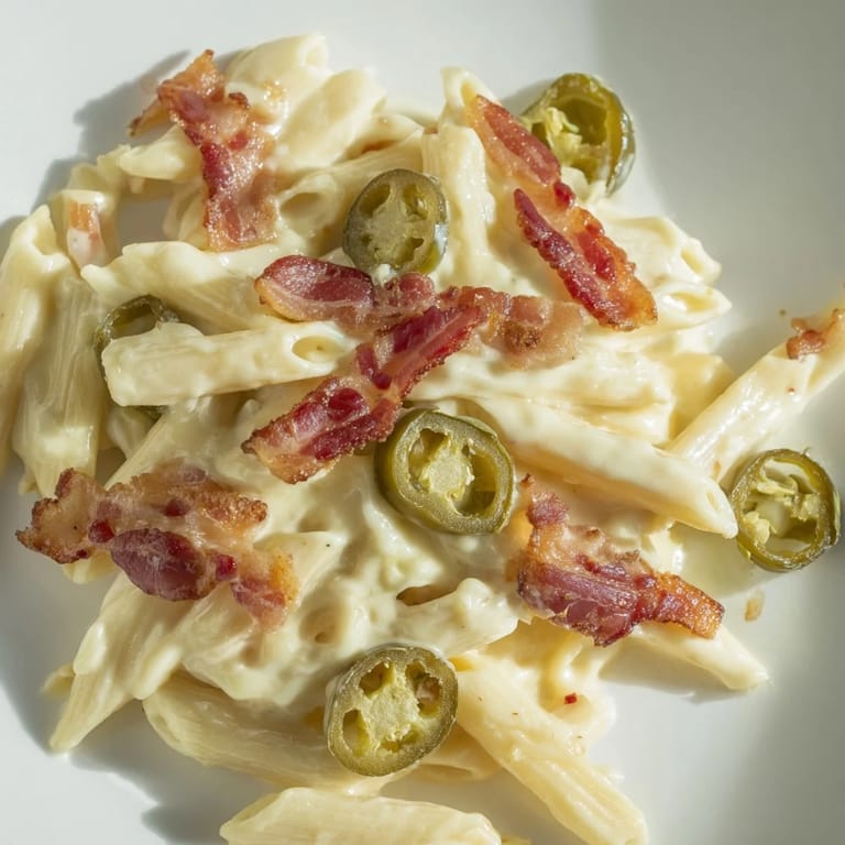 Jalapeño Popper Pasta served on a rustic plate with a side salad, perfect for weeknight dinners.