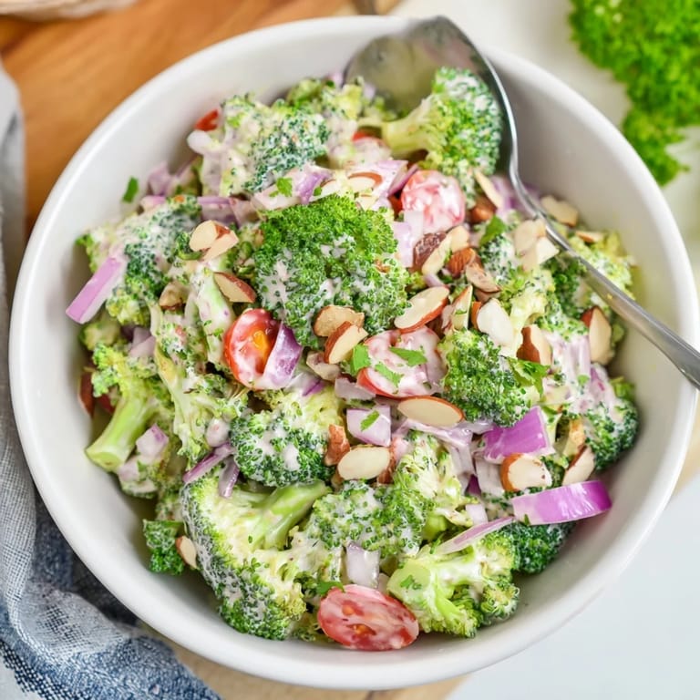 Healthy Garlic Parmesan Broccoli Salad featuring crisp broccoli, creamy dressing, and Parmesan, plated with a fork for an easy light lunch.