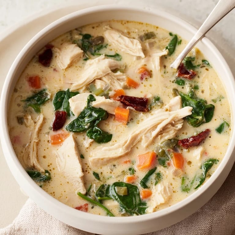 Top-down view of Creamy Tuscan Chicken Soup, featuring a spoonful lifted to reveal its rich, herb-infused creamy broth.
