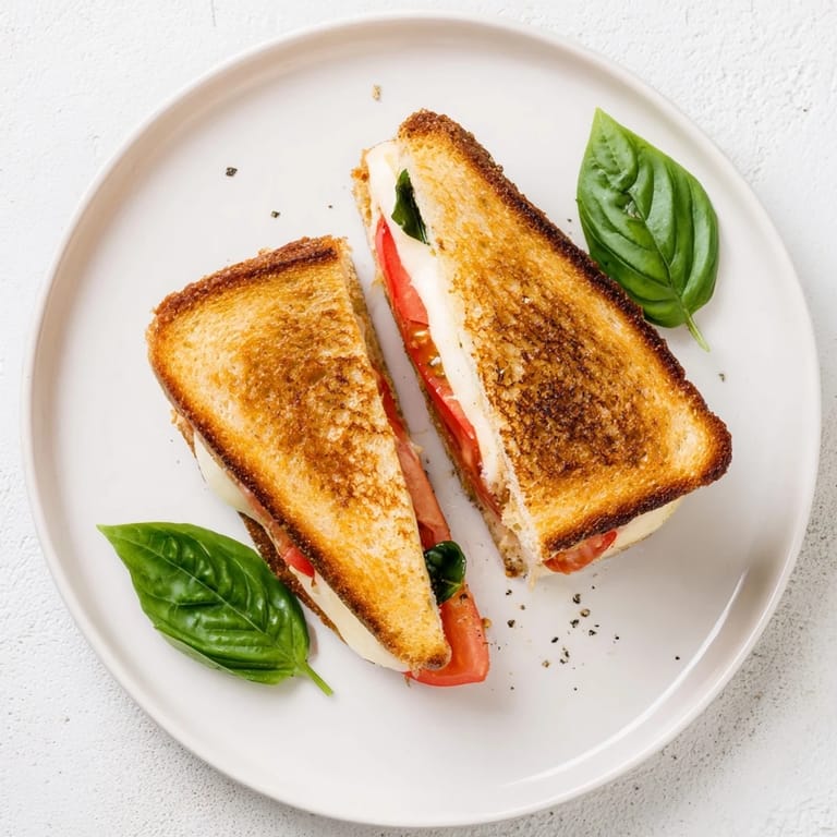 A golden, buttery Tomato Basil Grilled Cheese sandwich with fresh basil and tomato, served warm beside a steaming bowl of tomato soup.