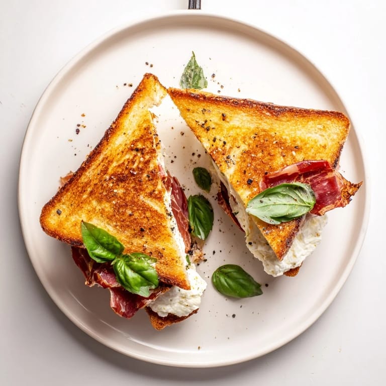 Close-up of a Crispy Prosciutto & Burrata Grilled Cheese, revealing gooey burrata and crunchy prosciutto between toasted bread.