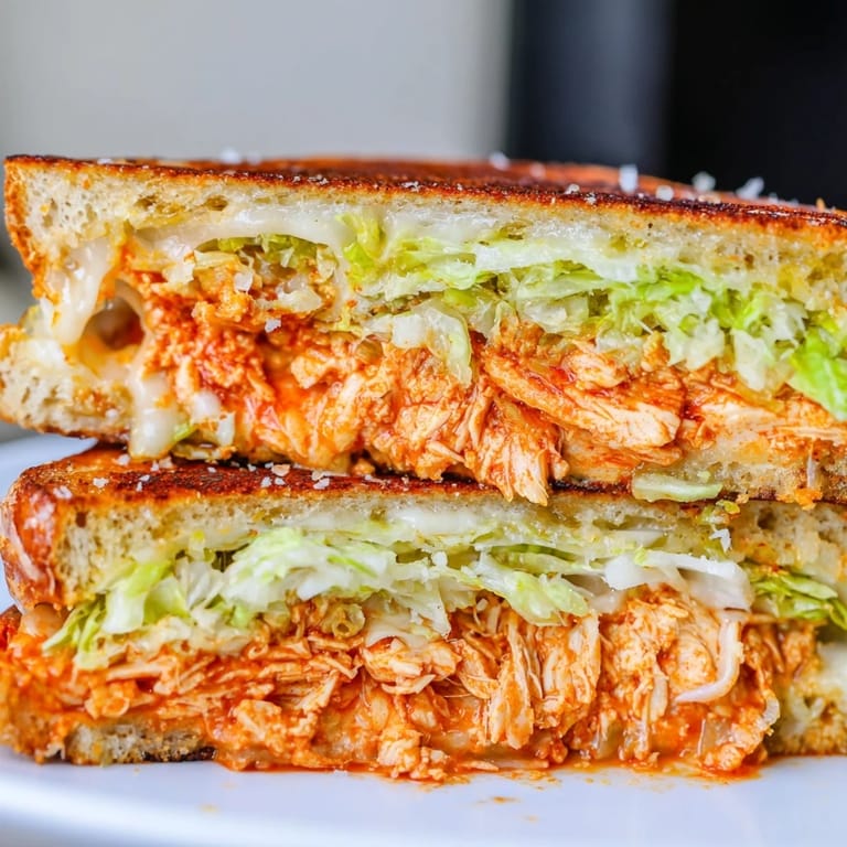 A close-up of a sliced Buffalo Chicken Caesar Grilled Cheese sandwich, revealing layers of spicy chicken, creamy dressing, and melty cheese.