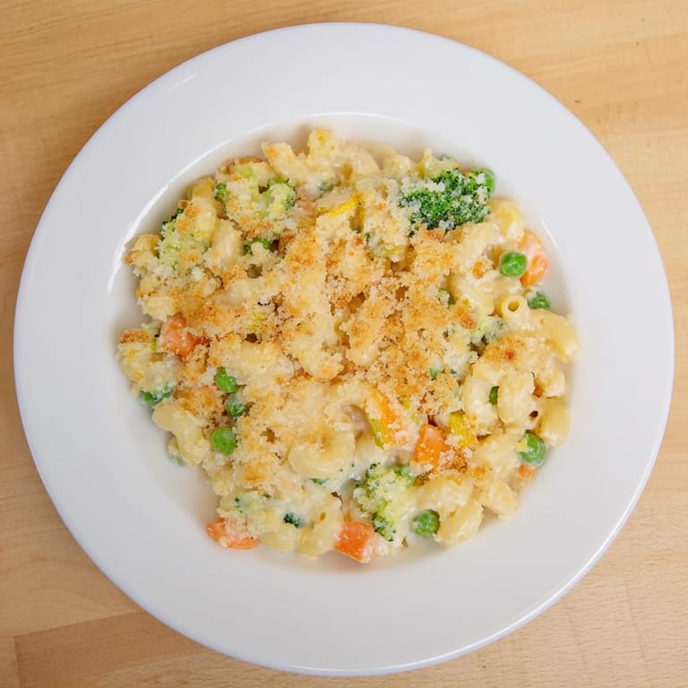 Golden, bubbly Garden Veg Mac and Cheese in a casserole dish, topped with crispy panko and served with a fresh side salad.