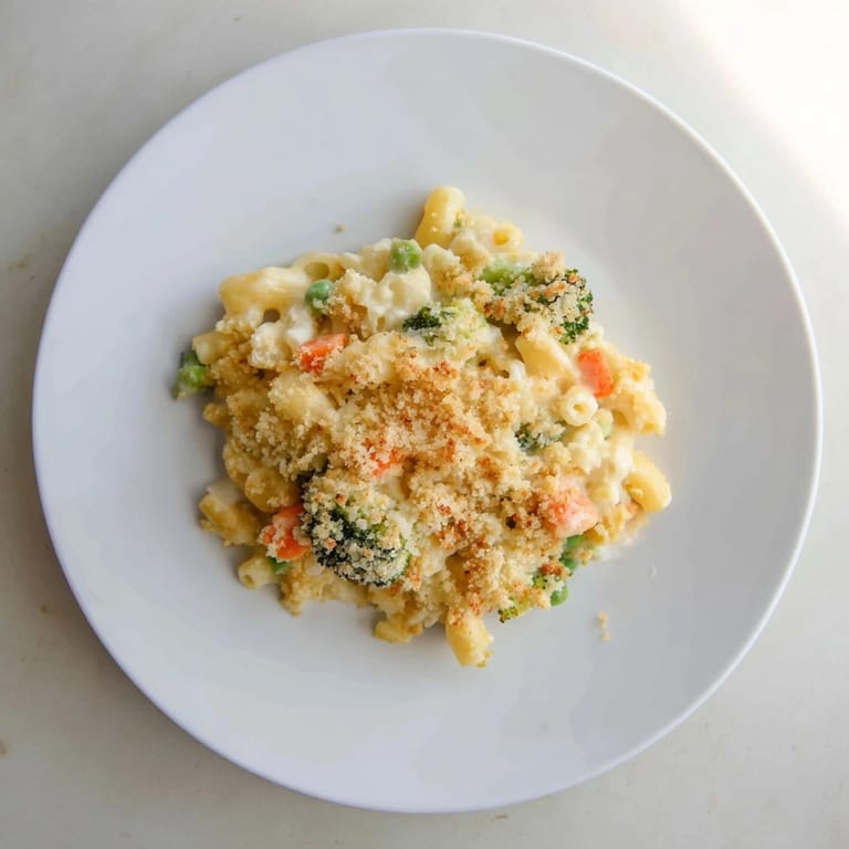 A steaming bowl of Garden Veg Mac and Cheese features tender elbow pasta mixed with bright green peas, broccoli, and shredded cheese.