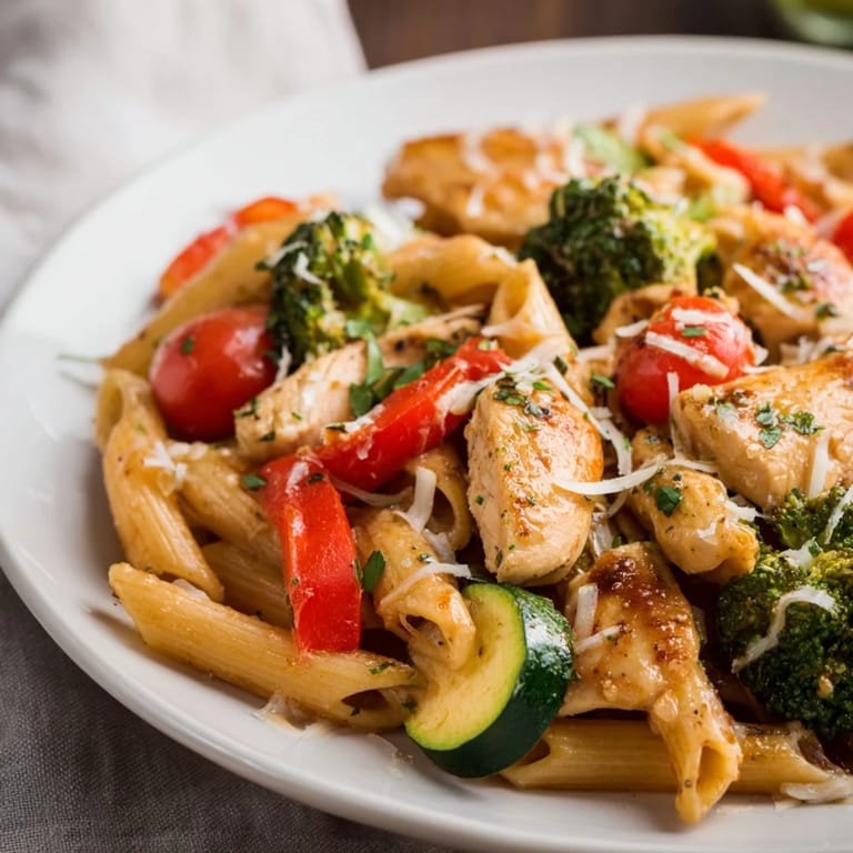 A close-up of the Garlic Herb Chicken & Veg Pasta reveals juicy sliced chicken, vibrant bell peppers, and fresh parsley garnish.  
