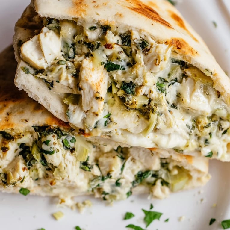 Close-up view of Spinach Artichoke Chicken Stuffed Pita, featuring tender shredded chicken, chopped artichokes, and fresh parsley garnish.