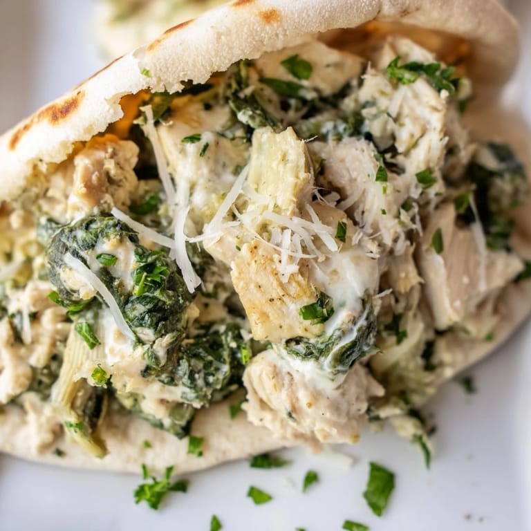 Spinach Artichoke Chicken Stuffed Pita baked to perfection, with steam rising from the creamy filling inside warm pita.