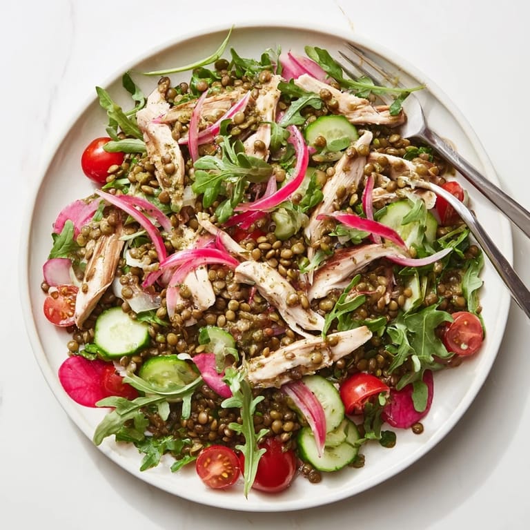 Hearty Lentil & Chicken Spring Salad featuring tender lentils, crisp cucumber slices, and cherry tomatoes in a homemade Dijon vinaigrette.  