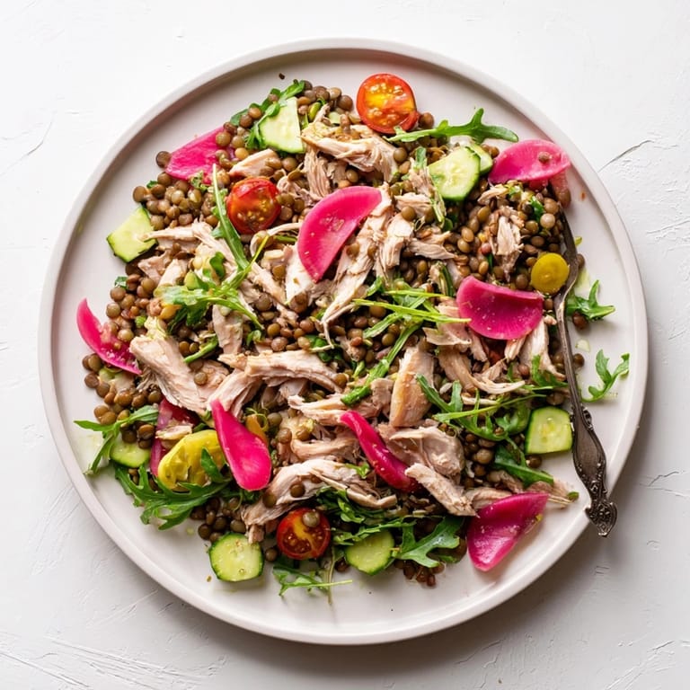 Colorful Lentil & Chicken Spring Salad served on a plate, perfect for a light lunch or protein-packed dinner meal.