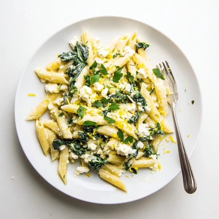 A skillet of Creamy Feta Spinach Pasta topped with crumbled feta, ready to be served for a vegetarian dinner.