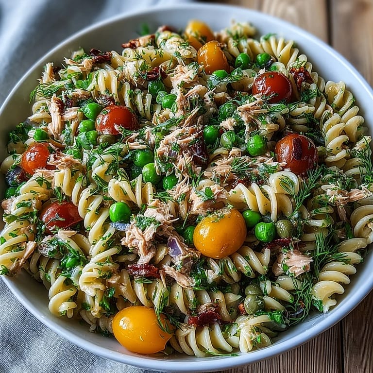Delicious Lemony Tuna Pasta Salad showcasing flaky tuna and tender pasta, ready to eat.