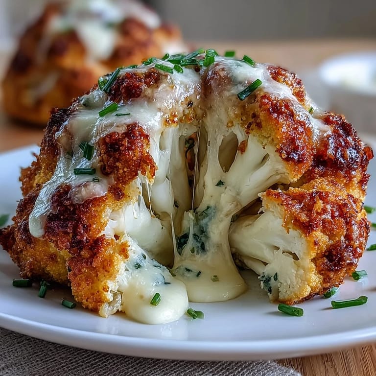 A delightful Cheesy Stuffed Cauliflower Head ready to be served warm.