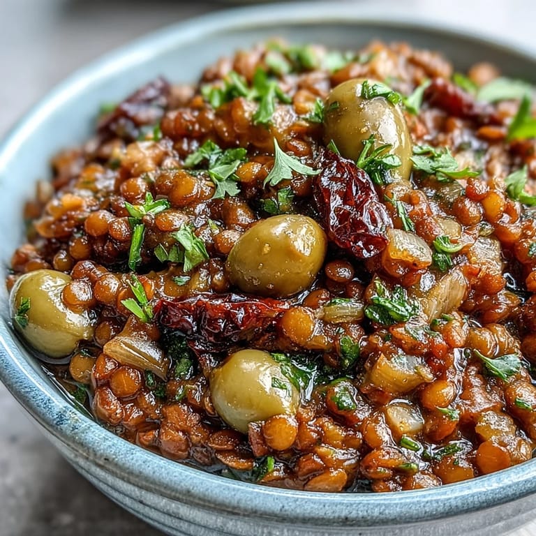 Hearty Cuban-Inspired Lentil Picadillo simmered to savory-sweet perfection, garnished fresh.