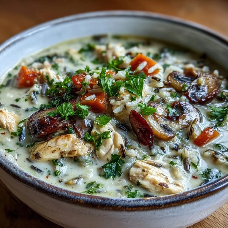Savory Parmesan Mushroom Chicken and Wild Rice Soup, a hearty bowl perfect for dinner.