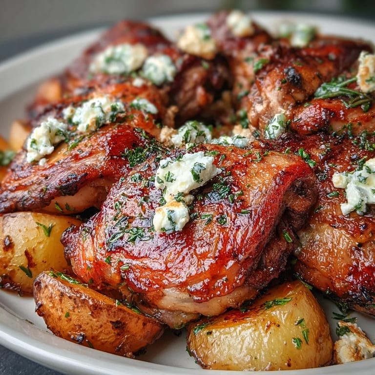 Comforting Mediterranean roasted chicken, boasting bright herbs, feta, and delightful pot potatoes.