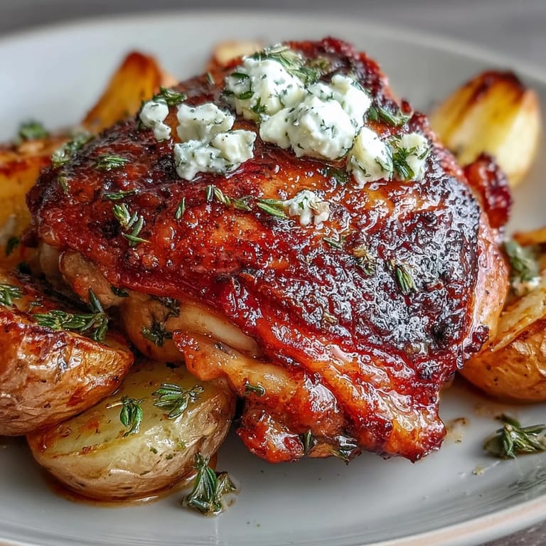 Crispy, herb-infused roasted chicken alongside fluffy pot potatoes topped with crumbled feta.