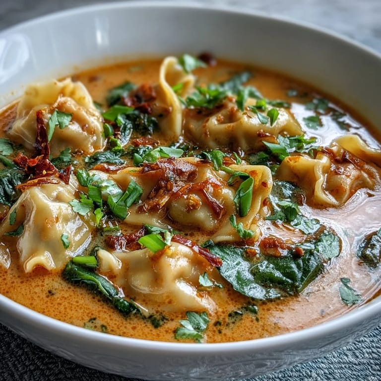 Vibrant Red Curry Wonton Soup, a quick 25-minute meal with tender wontons.