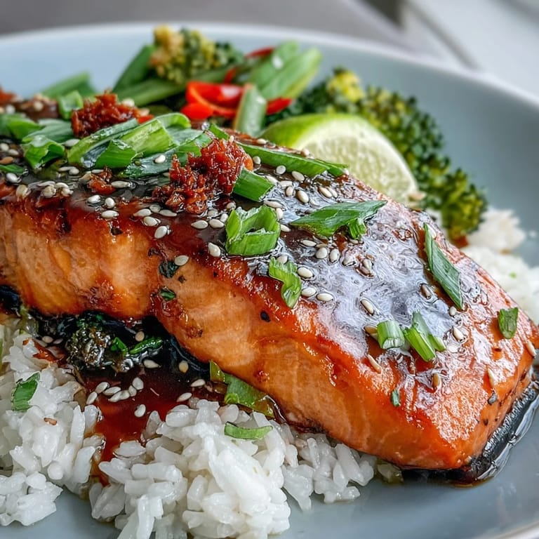 Golden Maple Soy Glazed Salmon piled high next to fluffy rice and bright colorful vegetables.