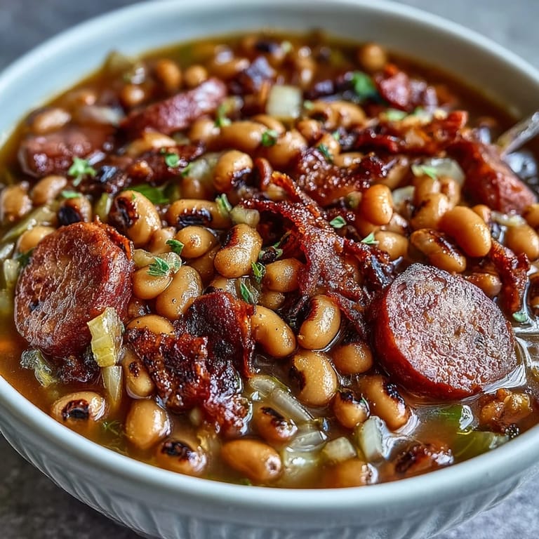 Smoky sausage and tender Southern-style black-eyed peas served in a rich broth.