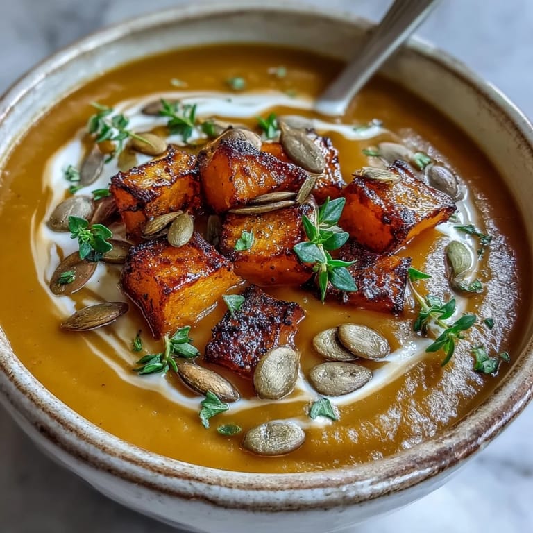 A steaming pot of Easy Roasted Butternut Squash Soup with a swirl of cream on a cozy wooden table.