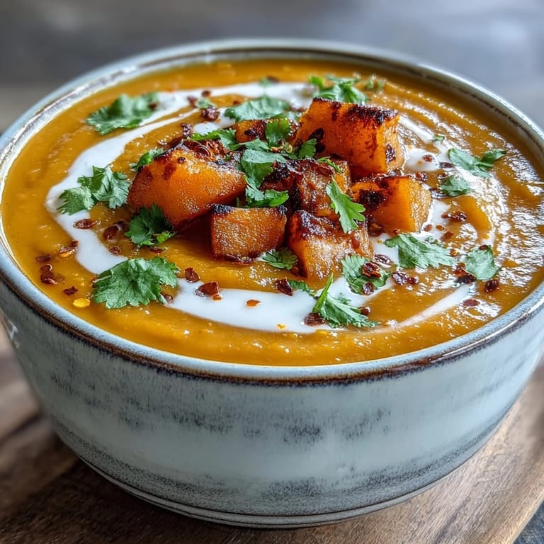 A creamy bowl of butternut squash and lentil soup topped with cilantro and coconut cream swirl.