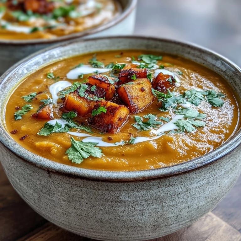 Vegan butternut squash and lentil soup served with warm crusty bread for dipping on a cozy table.