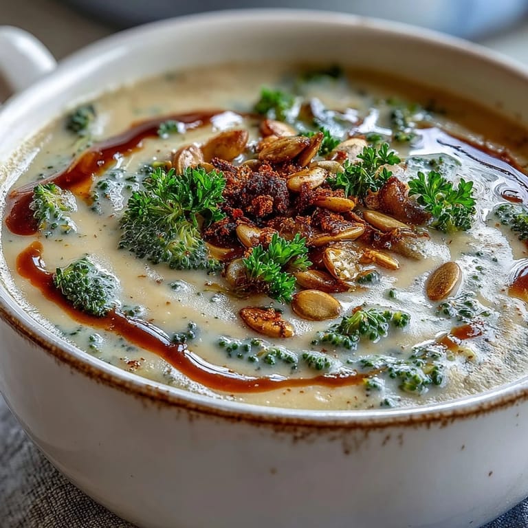 A finished bowl of velvety roasted broccoli and butternut squash soup topped with toasted pumpkin seeds and fresh parsley.