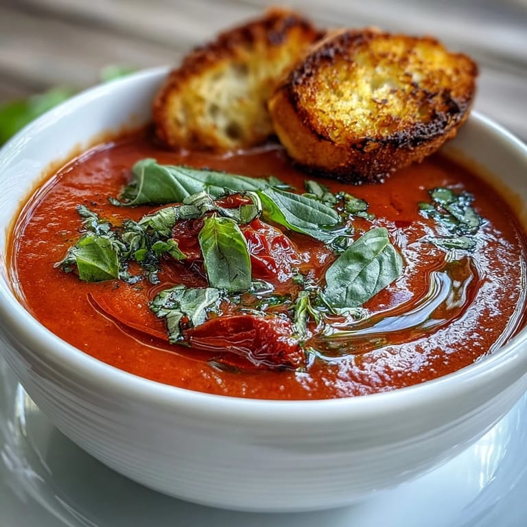 Steaming homemade Roasted Tomato Basil Soup is served in a rustic bowl, garnished with fresh basil and a swirl of cream.