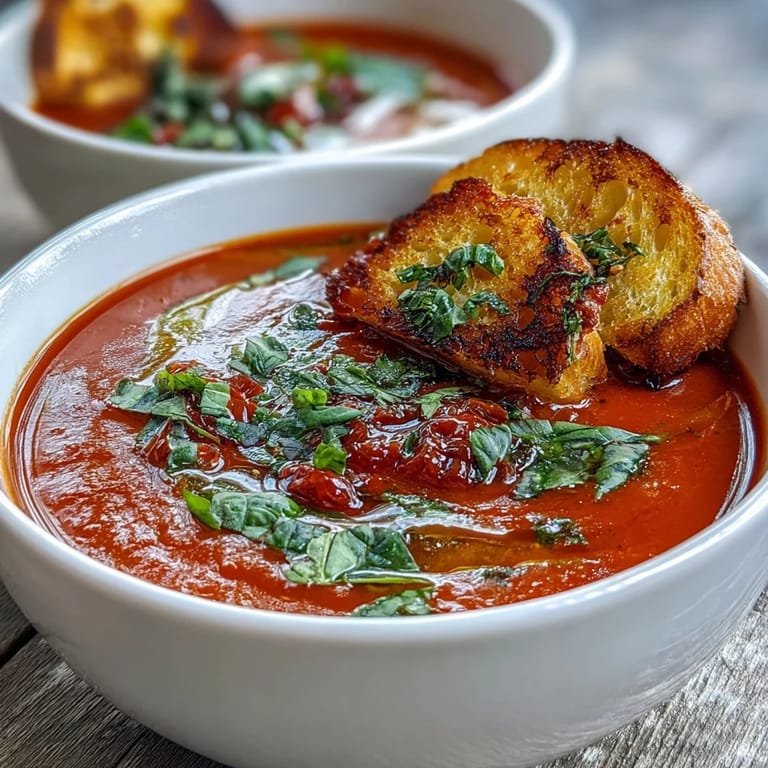 Roasted Tomato Basil Soup in a white bowl features caramelized tomatoes, fresh green basil leaves, and toasted bread for dipping.