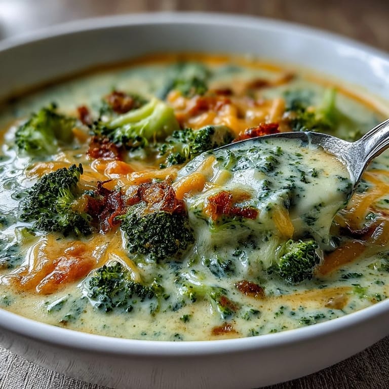 Creamy broccoli cheddar soup in a white bowl with crusty bread, ready to dip and enjoy.