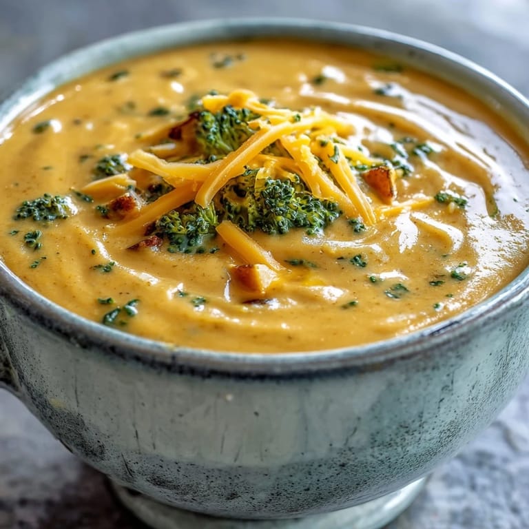 Creamy Butternut Squash Broccoli Cheddar Soup served hot with crusty bread for dipping.