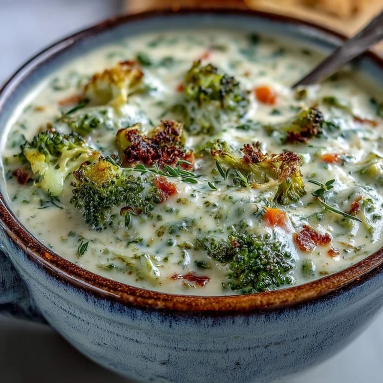 A bowl of creamy Roasted Broccoli Cheddar Soup served hot with a crusty bread slice and a wooden spoon on the side.