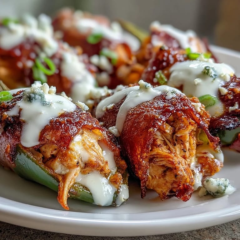 Close-up shot of Buffalo Wing Poppers showing the gooey, melted blue cheese and shredded chicken filling inside tender baked jalapeños. Garnished with fresh green chives and a drizzle of spicy wing sauce.