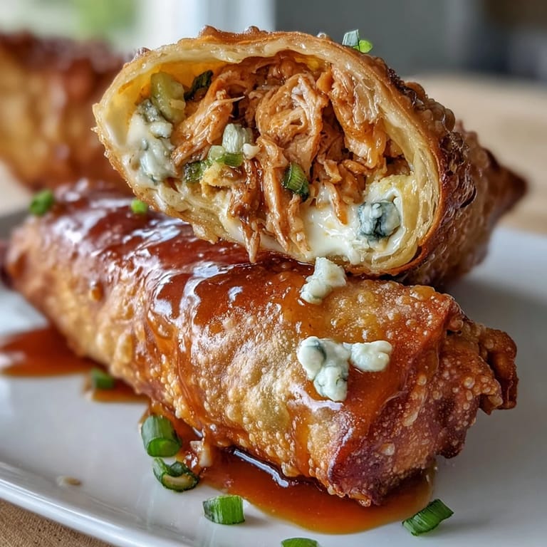 Freshly fried Buffalo Chicken Egg Rolls featuring crunchy carrots and celery, perfect for game day appetizers or a spicy snack.