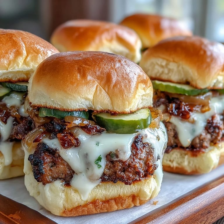 Game day platter of savory Touchdown Brat Sliders with juicy patties and crisp pickles on soft buns.