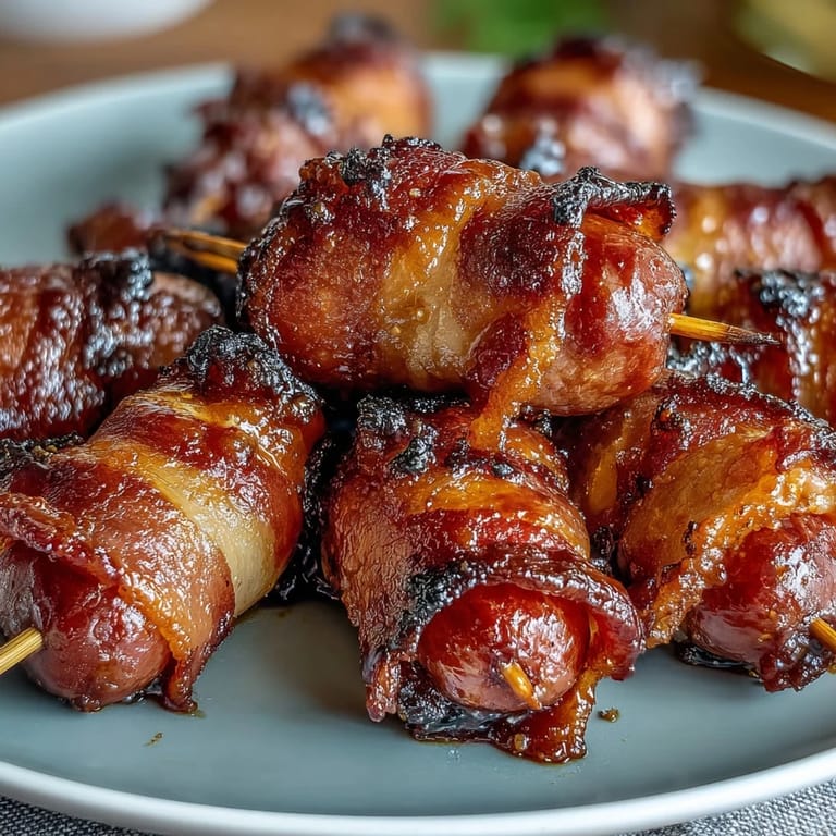 Savory Bacon-Wrapped Smokies served warm with a sweet glaze, paired with toothpicks for an easy appetizer bite.