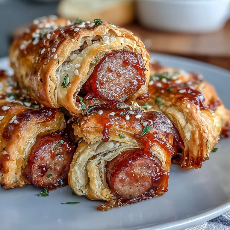 Appetizer platter of Pepper Jelly Hogs in a Blanket ready to serve, with pepper jelly dip.