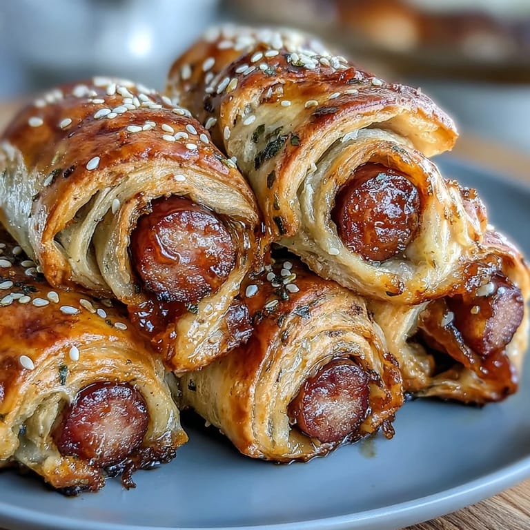 Freshly baked Pepper Jelly Hogs in a Blanket with flaky puff pastry and a sweet, sticky glaze.