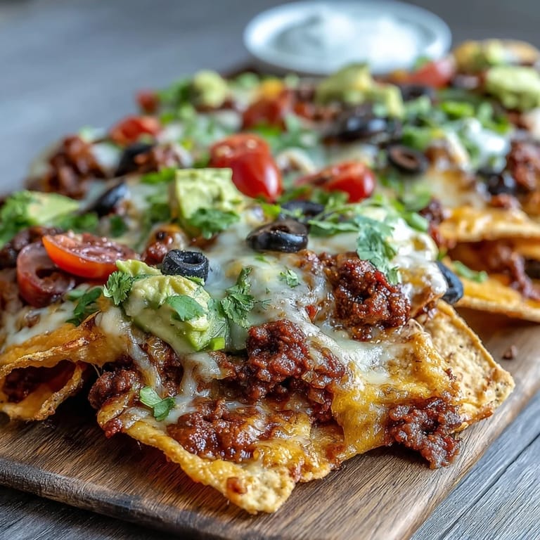 Easy Baked Nachos topped with black beans, olives, and cilantro, served with sour cream and salsa for dipping.