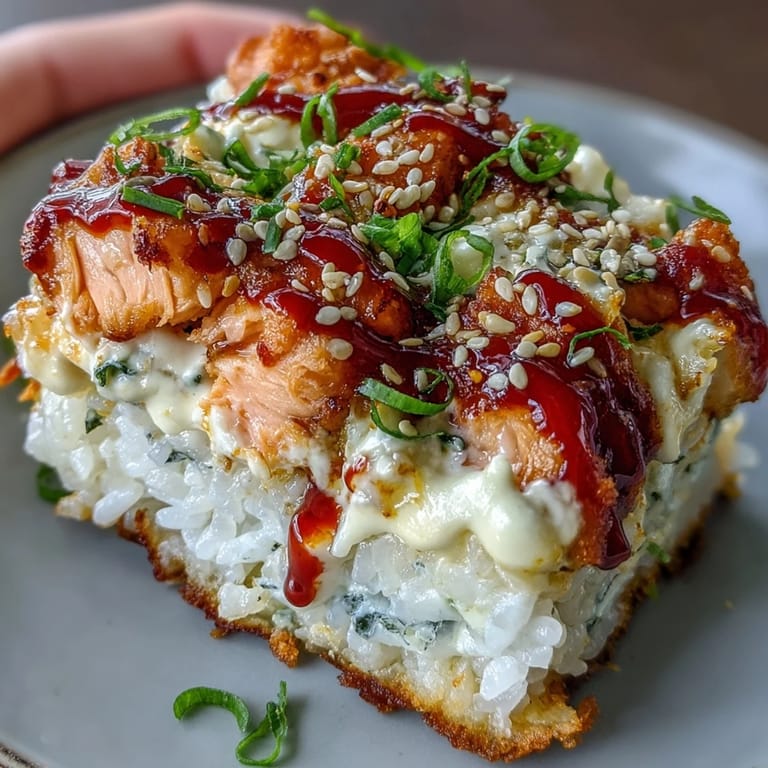 A deconstructed Spicy Salmon Sushi Bake with fluffy rice, spicy salmon mixture, and drizzles of sriracha mayo, perfect for a weeknight dinner.