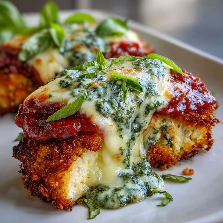 Sliced Pesto Chicken Parmesan reveals juicy chicken layered with marinara and pesto.