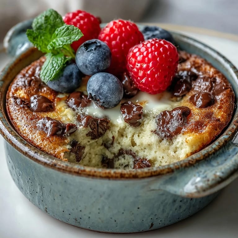 Golden Baked Protein Pancake Bowl on a wooden table, garnished with peanut butter drizzle and fresh blueberries for meal prep.