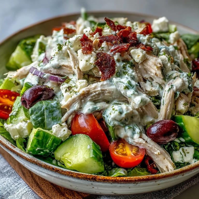 Close-up of creamy Tzatziki Chicken Salad mixed with diced avocado and red onion, showcasing the tender chicken coated in herby yogurt sauce.