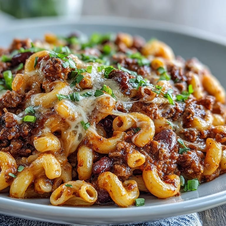 Hearty One-Pan High Protein Chili Mac served with tortilla chips and fresh cilantro on a table.