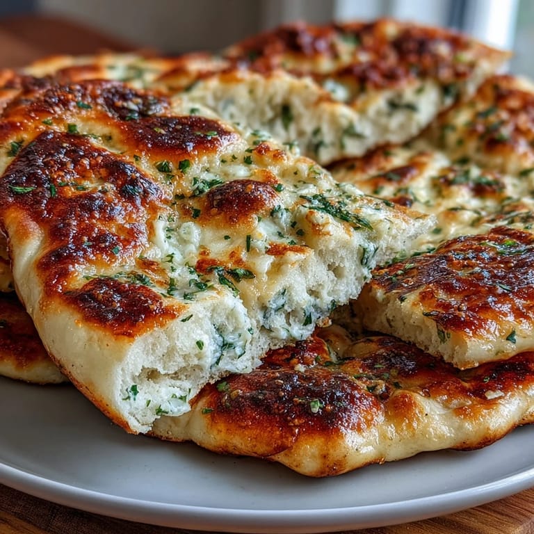 Stack of golden Best Easy Garlic Naan Bread infused with minced garlic, perfect for scooping dal or wraps.