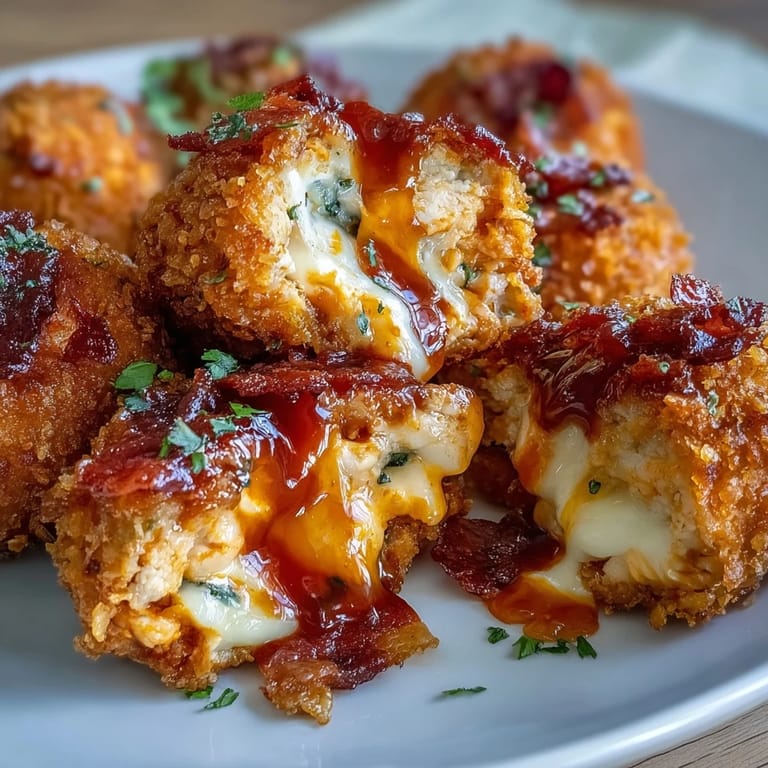 Fried Buffalo Chicken Bacon Mozzarella Bombs with gooey mozzarella center, drizzled in spicy buffalo sauce and topped with bacon.