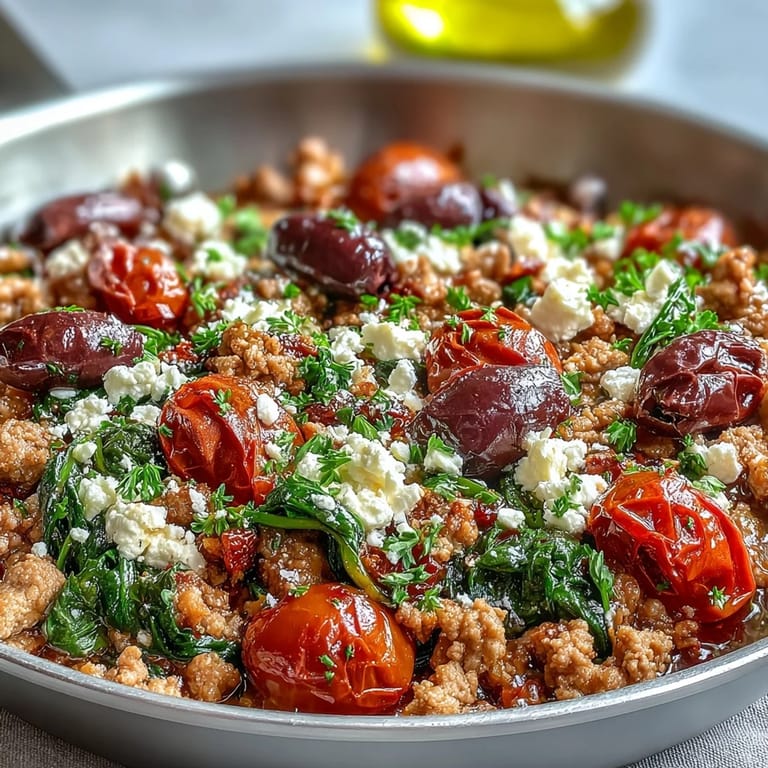 A vibrant Mediterranean Keto Ground Chicken Skillet topped with crumbled feta. Briny olives and seared meat create a savory, low-carb skillet meal for busy cooks.