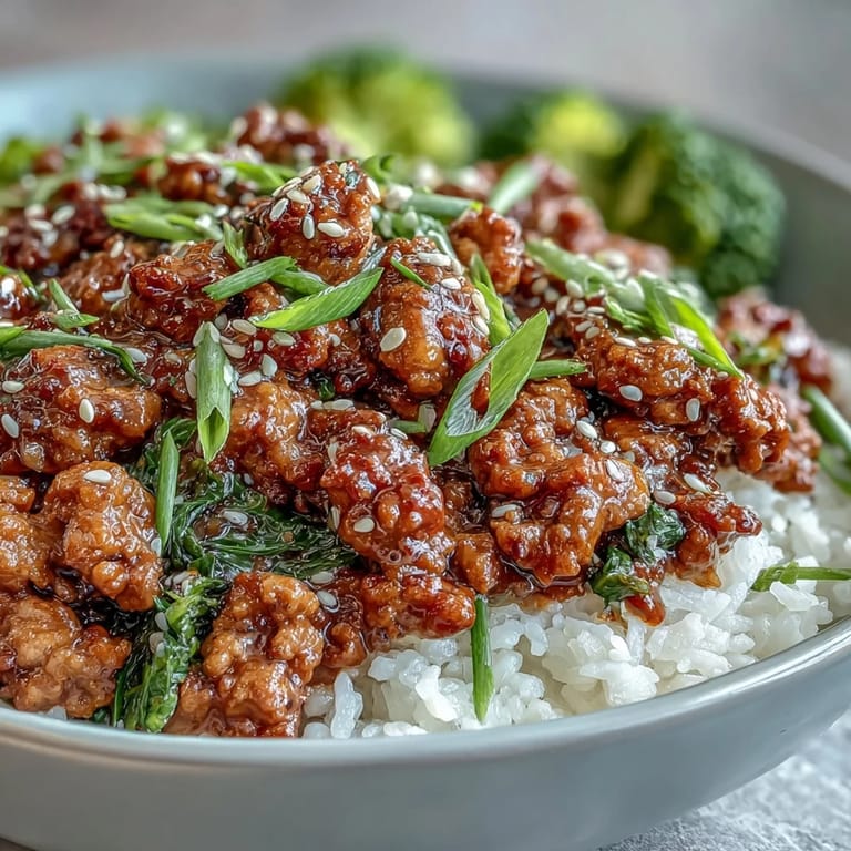 Freshly garnished Korean-Style Ground Turkey with bright green chives, perfect alongside steamed broccoli and carrots.