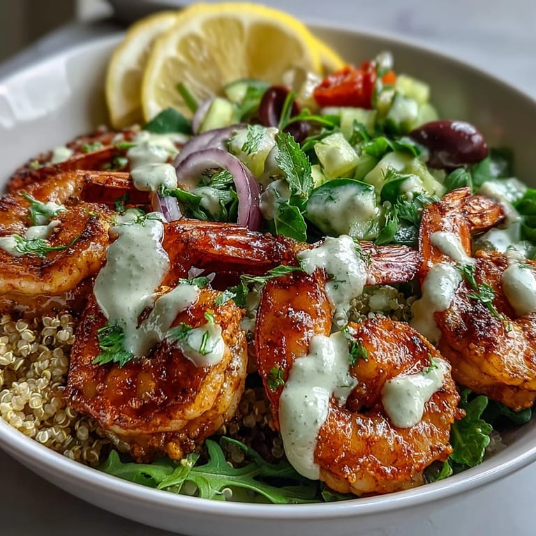 Healthy Mediterranean Shrimp Bowl topped with smoked paprika shrimp, arugula, red onion, and a smooth tahini sauce served on grains.