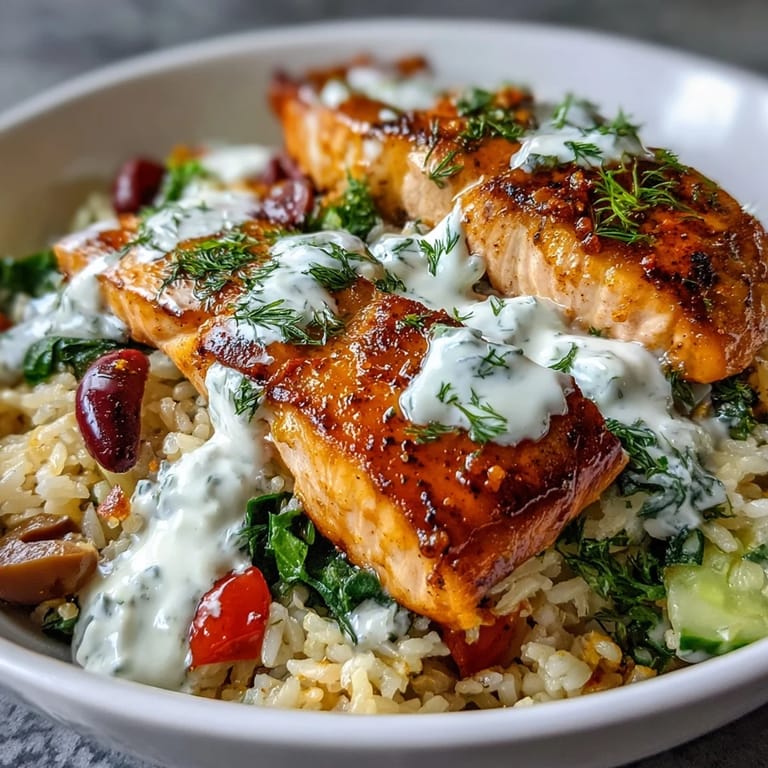 Pan-seared salmon rests on crispy golden rice, surrounded by red bell peppers, zucchini, and Kalamata olives in this savory bowl.